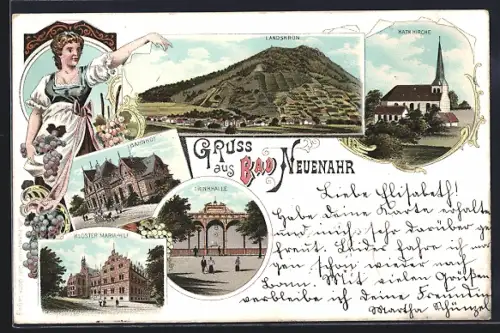Lithographie Bad Neuenahr, Bahnhof, Trinkhalle, Kloster Mariahilf