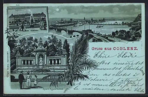 Mondschein-Lithographie Coblenz, Kaiserin-Augusta-Denkmal, Schloss, Ortsansicht
