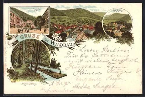 Lithographie Bad Wildbad, Totalansicht, Kurplatz, Kath. Kirche & Anlagen Partie