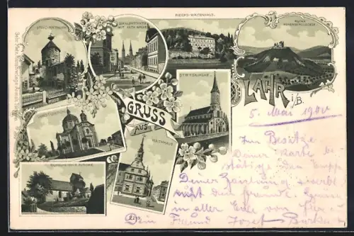 Lithographie Lahr / Baden, Storchenthurm, Schillerstrasse, Reichswaisenhaus, Ruine Hohengeroldseck