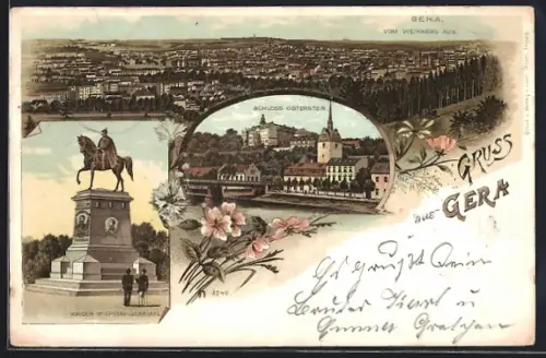 Lithographie Gera, Schloss Osterstein, der Ort vom Weinberg aus und Kaiser Wilhelm-Denkmal bei Vollmond