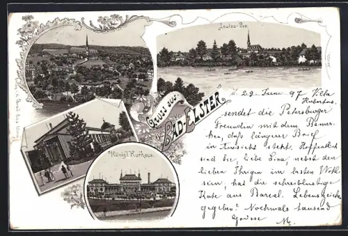 Lithographie Bad-Elster, Königl. Kurhaus, Louisa-See, Ortsansicht