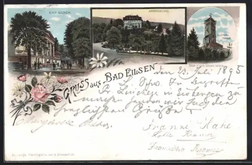 Lithographie Bad Eilsen, Arensburg, Klippenturm, Ortsansicht
