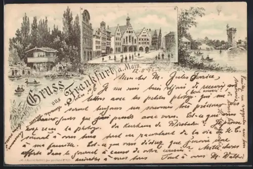 Lithographie Alt-Frankfurt, Römer mit Rathaus, Park mit Teich