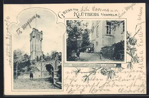 AK Klütberg bei Hameln, Gasthaus Restaurant zum Klüthause L. Krüger, Turm