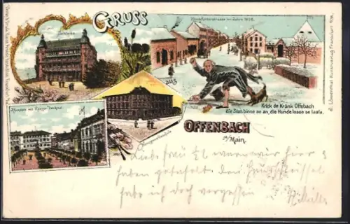 Lithographie Offenbach a. Main, Schloss, Frankfurterstrasse, Kunstgewerbeschule, Aliceplatz m. Krieger-Denkmal