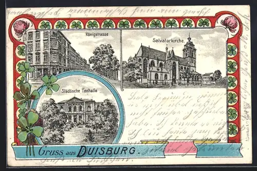 Lithographie Duisburg, Königstrasse, Salvatorkirche, Städtische Tonhalle