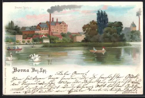 Lithographie Borna / Sachsen, Uferpartie am Breiten Teich mit Schwänen und Booten