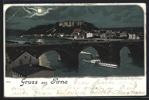 Lithographie Pirna, Uferpartie mit Brücke