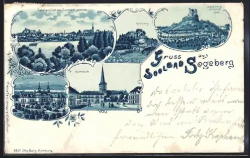 Lithographie Bad Segeberg, Totalansicht mit Marktplatz und Kurhotel