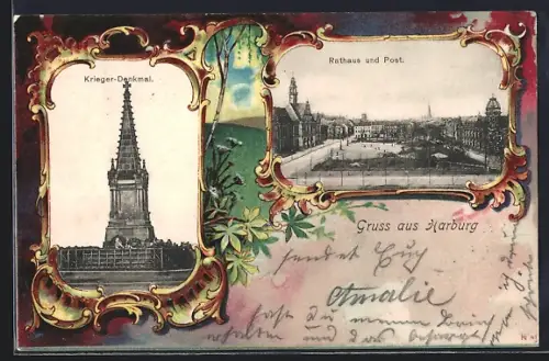 AK Hamburg-Harburg, Krieger-Denkmal, Rathaus und Post