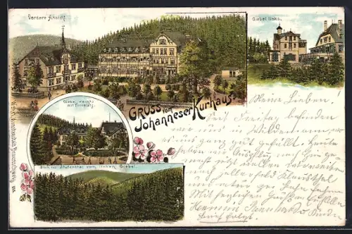 Lithographie Clausthal, Hotel Johanneser Kurhaus, Vorderansicht und Giebel rechts mit Turnplatz
