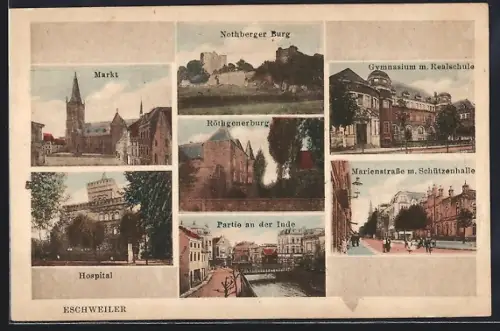 AK Eschweiler, Hospital, Marienstrasse m. Schützenhalle, Markt