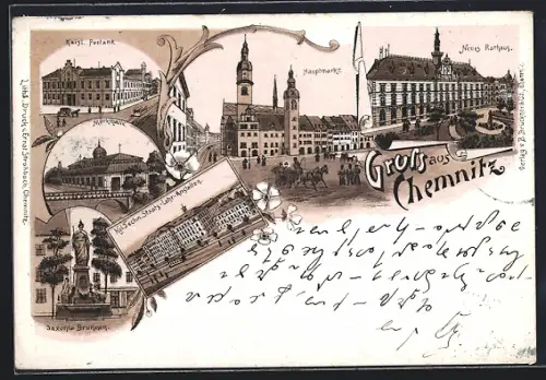Lithographie Chemnitz, Hauptmarkt, Neues Rathaus, Kaiserl. Postamt