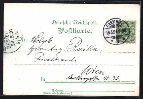 Lithographie Chemnitz, Hauptmarkt, Neues Rathaus, Kaiserl. Postamt