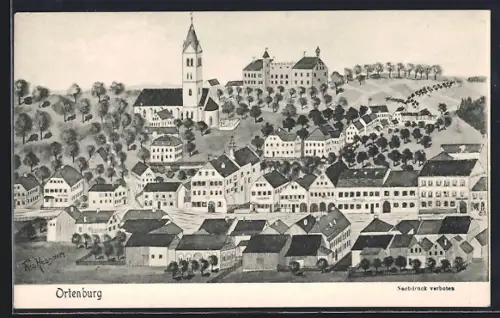 Künstler-AK sign. Hans Pernat: Ortenburg, Ortsansicht aus der Vogelschau