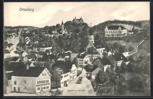 Künstler-AK sign. Hans Pernat: Ortenburg, Ortsansicht aus der Vogelschau
