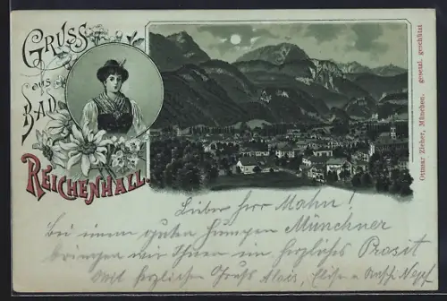Mondschein-Lithographie Bad Reichenhall, Ortsansicht aus der Vogelschau