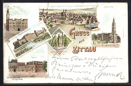 Lithographie Zittau, Café zur Reichspost, Inh. Karl Pitzek, Postamt, Johanneum, Mandaukaserne