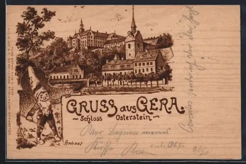Holzbrand-Imitations-AK Gera, Schloss Osterstein, Zwerg
