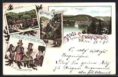 Lithographie Titisee /Schwarzwald, St. Ottilien, Hirschsprung, Titisee, Schwarzwälderinnen