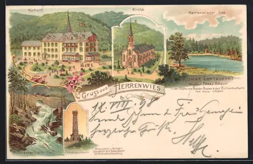 Lithographie Herrenwies, Kurhaus v. F. Braun, Kirche, Friedrichsturm