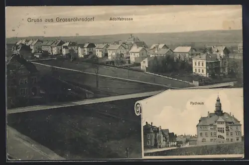 AK Grossröhrsdorf, Rathaus, Adolfstrasse aus der Vogelschau