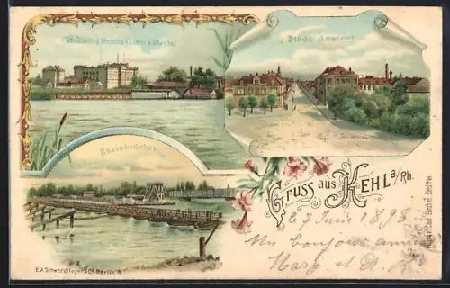 Lithographie Kehl a. Rh., Panorama, Rheinbrücken und Grossherzog Friedrich Kaserne