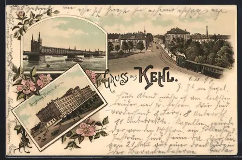 Lithographie Kehl, Eisenbahnbrücke, Grossherzog Friedrich-Kaserne, Strassenpartie mit Bahn