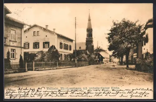 AK Weilheim / Obb., Münchnerstrasse mit protestantischer Kirche