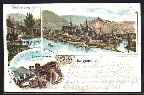 Lithographie Neckargemünd, Weinrestaurant Stadt Athen, Mühle an der Elsenz
