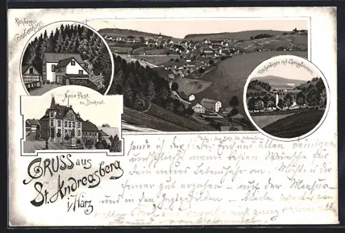 Vorläufer-Lithographie St. Andreasberg, 1895, Blick über den Ort, Rehberger Grabenhaus, Neue Post