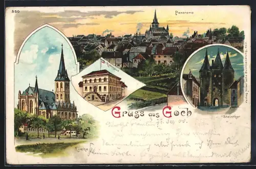 Lithographie Goch, Steinthor, Rathaus, Kirche
