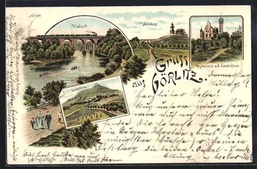 Lithographie Görlitz, Restaurant a. d. Landeskrone, Weinberg, Viaduct