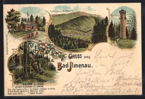 Lithographie Bad Ilmenau, Panorama v. d. Marienquelle, Kickelhahn, Gabelbachhaus