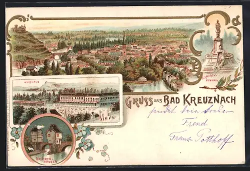 Lithographie Bad Kreuznach, Kurhaus, Brückenhäuser, Ortsansicht