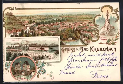 Lithographie Bad Kreuznach, Kurhaus mit Umgebung, Brückenhäuser, Ortsansicht