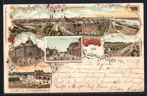 Lithographie Ludwigshafen / Rhein, Bahnhof, Post, Rheinbrücke