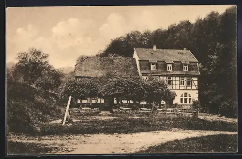 AK Hann.-Münden, Gasthof Grundmühle Fr. Reckmann, Gebäude mit Garten