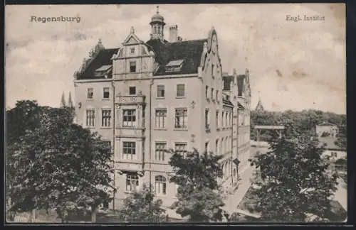 AK Regensburg, Engl. Institut mit Anlagen aus der Vogelschau, Kirchturm