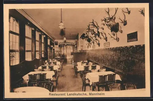 AK Mannheim, Restaurant Landkutsche E. Schlipf, Innenansicht, Geweihe an der Wand