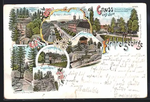 Lithographie Wunsiedel, Felsgruppe, Burgstein und Luisenburg Kreuz im Fichtelgebirge