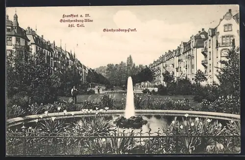 AK Frankfurt-Nordend, Günthersburg-Park mit Günthersburg-Allee, Fontäne