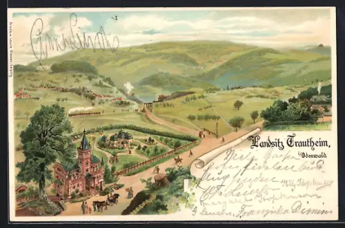 Lithographie Trautheim i. / Odenwald, Landsitz Trautheim