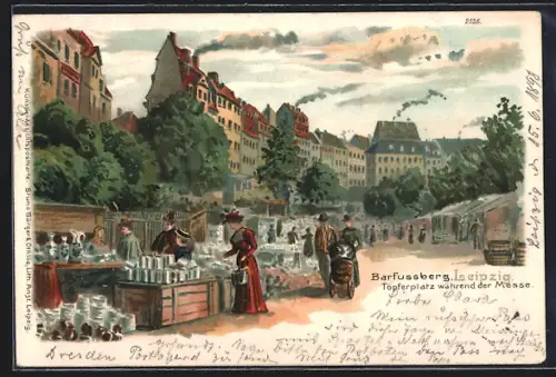 Lithographie Leipzig, Barfussberg, Töpferplatz während der Leipziger Messe