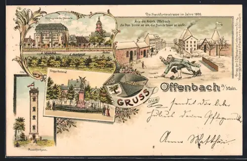 Lithographie Offenbach a. M., Schloss, Kriegerdenkmal, Wappen, Strassenpartie mit aggressivem Hund