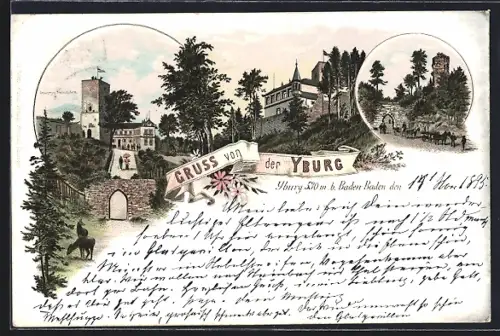 Vorläufer-Lithographie Yburg, 1895, Grossherzog Friedrichsturm mit Torportal und Rehen, Zugangsweg mit Tor und Turm