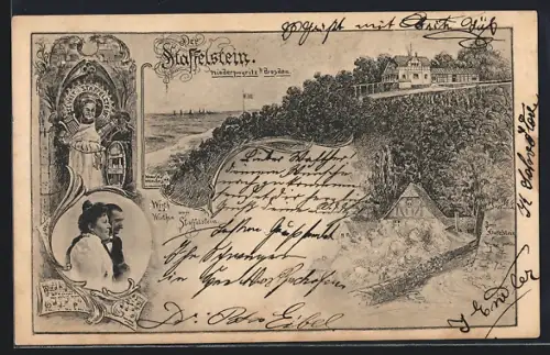 Künstler-AK Niederpoyritz bei Dresden, Gasthaus Staffelstein mit Elbpartie, St. Veit, Wirtspaar