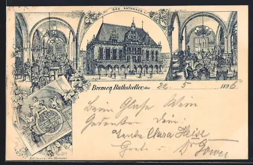 Lithographie Bremen, Innen- und Aussenansicht vom Ratskeller, Rathaus