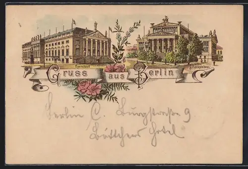 Lithographie Berlin, Opernhaus und Schauspielhaus, Unter den Linden
